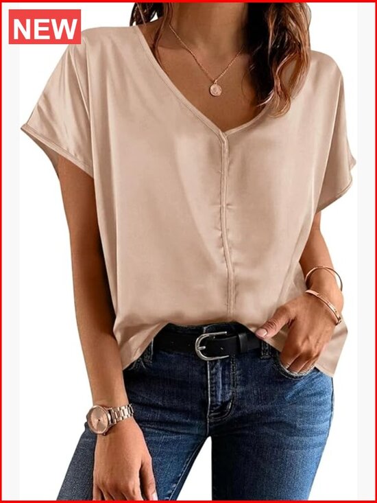 Tops - Satin Silk Blouse Cap Short Sleeve V Neck Dressy Casual Work Top